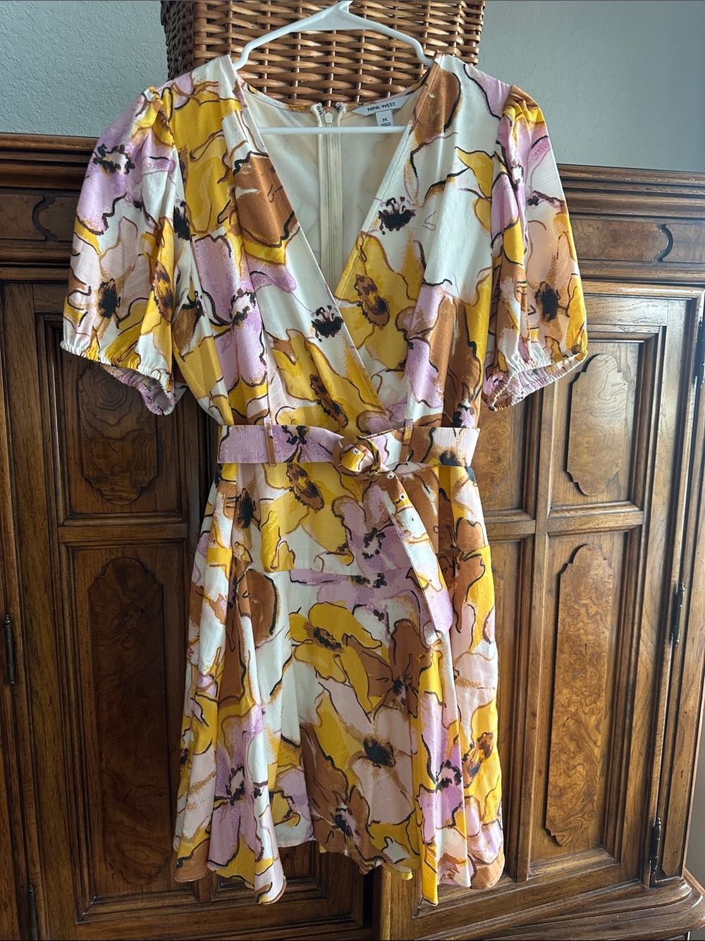 Nine West-Floral Wrap Short Dress in Yellow & Pink
